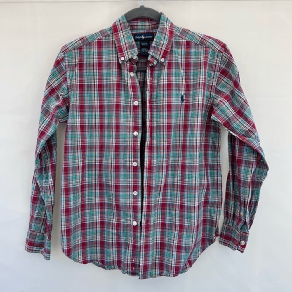 Ralph Lauren Plaid Button Down Long Sleeve Shirt Size M(12/14) Burgundy Teal